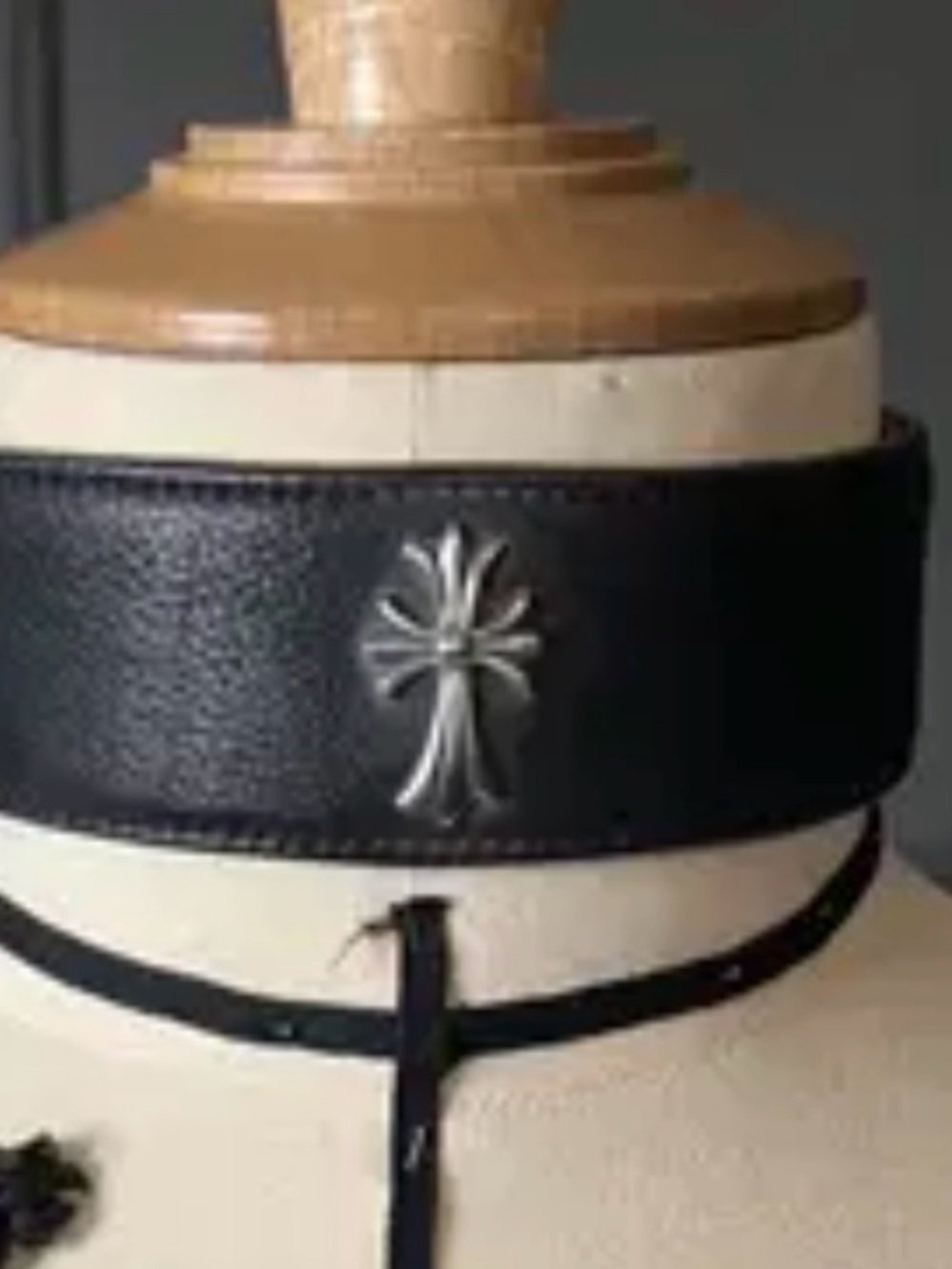 Chrome Hearts Black Leather Neck Band with Silver Cross Emblem